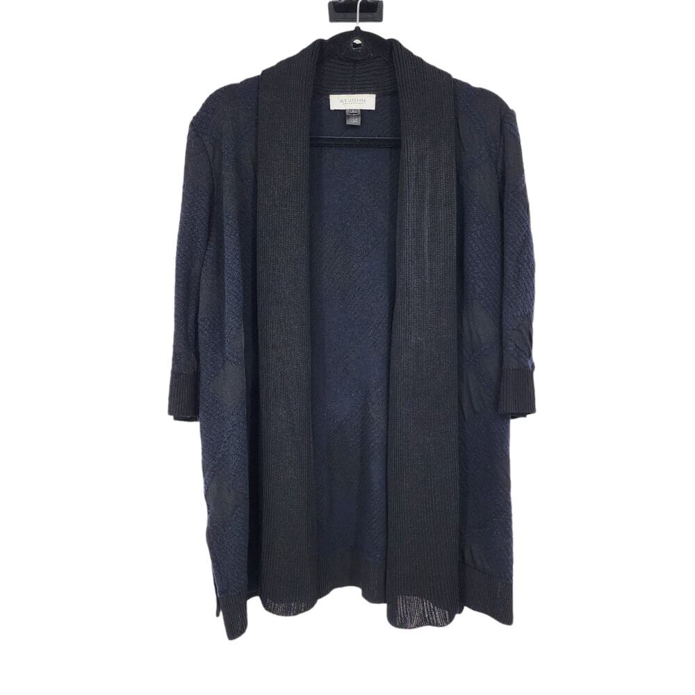 St. John Separates Black Heavy Knit 3/4 Sleeve Open Front Sweater Size Large